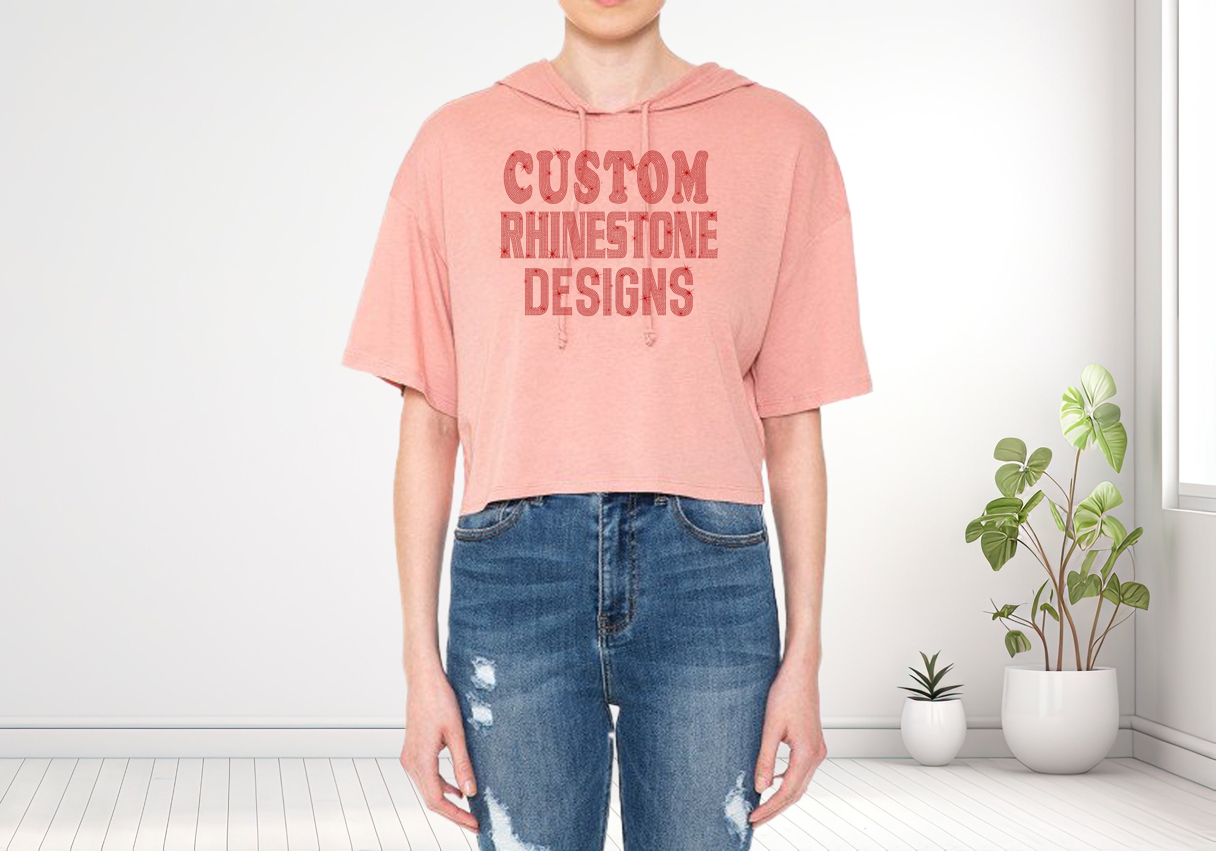 Custom Rhinestone Boxy Hooded Crop Tee, Personalize Hooded Crop Shirt, Bandeau Loose Fit Crop Shirt, Rhinestone Loose Fit Crop Top, Baby Tee
