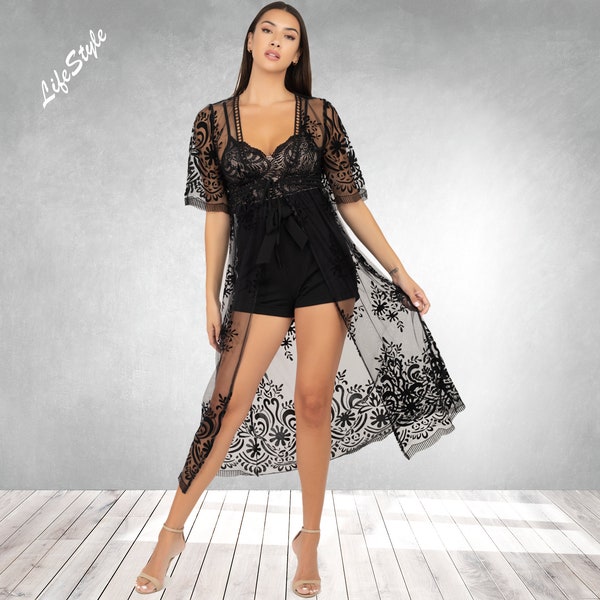 Printed Lace Sheer Mesh Kimono, Embroidered Floral Sheer Mesh Kimono, Long Fringe Sheer Cardigan Sheer Cover Up