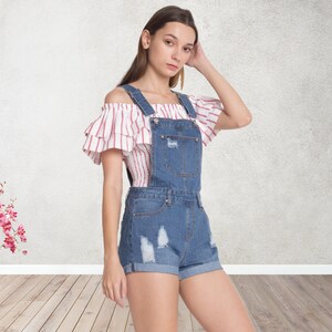 Destroyed Rolled Cuff Overalls - Womens 90s Retro Revolt Utility Denim Romper Shortalls, Multi Pocket Bib Jean Short Overalls, Eco Friendly