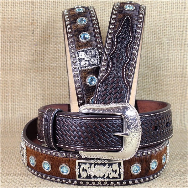 Genuine Leather Western Belt, Black Tooled Leather Snap Belt, Strap Full Grain Western Cow Hair Belt, Western Style Jeweled Belt, Cowboys