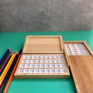 ペイント用品 竹製ペイントパレット 36 ハーフパン用 ボックススタイルと引き出しスタイル スライド蓋付きパレット