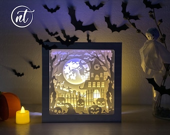 Sjabloon Witch Castle Halloween Shadowbox: papier gesneden lightbox (svg, pdf)