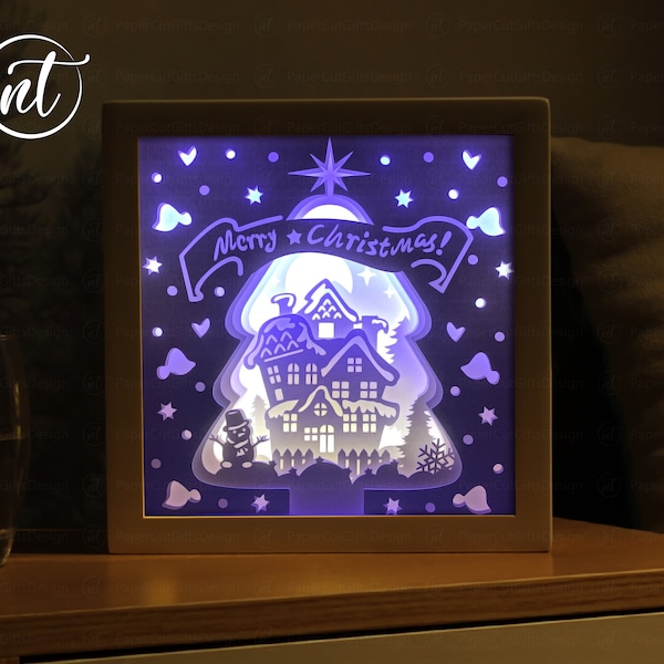 Christmas Tree Paper Cutting Shadow Box SVG - Merry Christmas Shadow Lightbox - Paper Cut Shadow Box Template - Xmas SVG