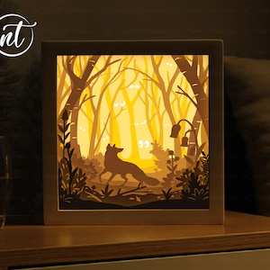 Modello Lightbox Fox in the Forest, modello Shadow Box in carta tagliata, scheda Shadowbox Cricut, file Silhouette, file SVG digitale