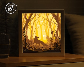 Fox in Forest Lightbox Template: Paper Cut Shadow Box (Digital SVG File)