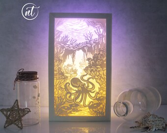Octopus in the Sea Shadowbox, Paper Cutting Templates, DIY Gift Cricut Silhouette