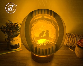 Love Dog Sphere 3D Pop-up SVG files, Paper Crafts DIY, Fairy Lights Template, Lamp bedside