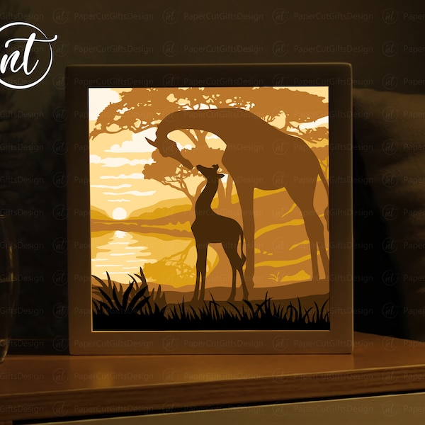 Mother And Baby Giraffe Light Box Template, Paper Cut Shadow Box Template