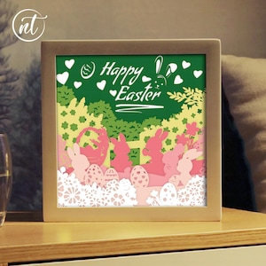 Joyeuses Pâques Shadow Box, SVG de Lightbox lapin de Pâques, Shadow Box en papier découpé, fichier 3D SVG de Pâques