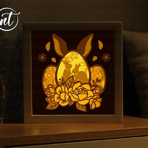 Joyeuses Pâques fleurs Shadow Box, lapin de Pâques Lightbox SVG, papier découpé Shadow Box, fichier SVG de Pâques 3D