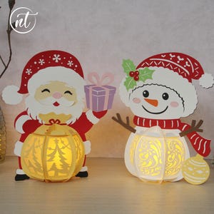 Santa Claus and Snowman Paper Lanterns - Christmas Paper Lanterns, Xmas Paper Cut Template SVG - DIY Paper Lamp