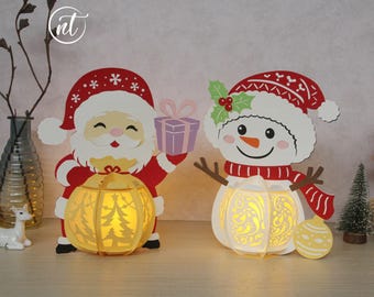 Santa Claus and Snowman Paper Lanterns - Christmas Paper Lanterns, Xmas Paper Cut Template SVG - DIY Paper Lamp