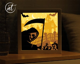 Grim Reaper Halloween Shadow Lightbox SVG Template (Digital Download)