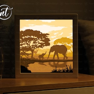 Modello di lightbox con elefanti, modello di shadow box in carta tagliata, shadow box SVG, file Silhouette, file digitale, FILE SVG