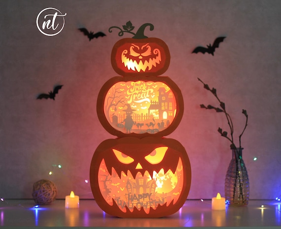Stacked Pumpkins Trick Or Treat Paper Cut Template - Happy Halloween Shadow Lightbox-  Pumpkin Halloween Light Shadowbox