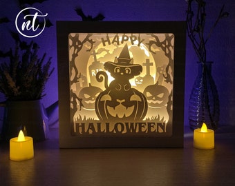 Sjabloon Halloween Cat Witch Shadowbox: in papier gesneden lightbox (SVG, pdf, png)