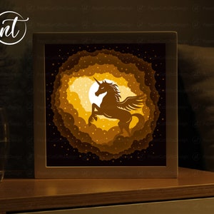 Unicorn On The Cloud 3D Shadow Box Template, Unicorn Light Box SVG File