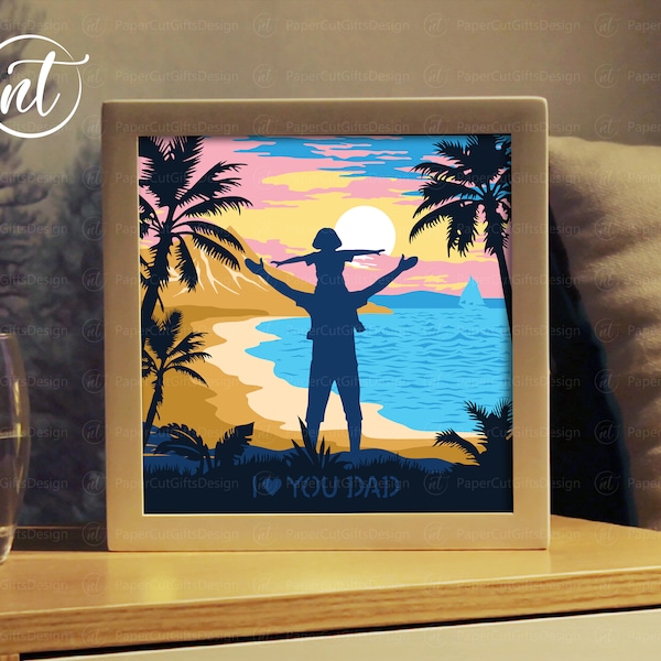 Father And Daughter At Sea Watching The Sunset Light Box Template, Father's Day Shadow Box Template, SVG FILE