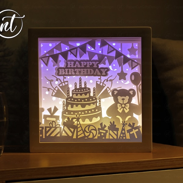 Happy Birthday Light Shadow Box, Paper Cut Shadow Box, Shadowbox card Cricut, Silhouette files, Digital File, SVG FILE