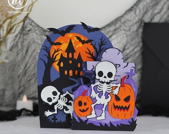 Halloween Skeletons Pop-up 3D Card Paper Cut Files, Halloween DIY Digital Download
