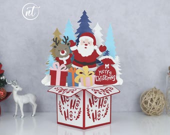 Santa Pop-Up Christmas Card, Paper Cut Template (Digital SVG, PDF, PNG)
