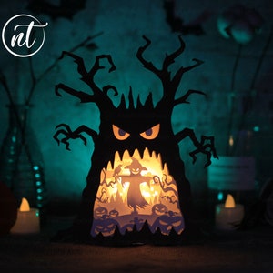 Pumpkin Scarecrow In The Ghost Tree Paper Cut Template - Happy Halloween Shadow Lightbox- Ghost Tree Light Shadowbox