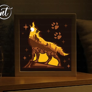 Scatola d'ombra 3D del lupo che ulula, modello di scatola d'ombra tagliata con carta, carta Shadowbox Cricut, file Silhouette, file SVG digitale