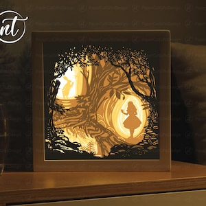 Alice in Wonderland Lightbox Template: Paper Cut Shadow Box (SVG, PDF, PNG)