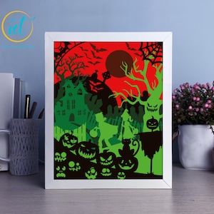 Halloween Trick-or-treating Lightbox Template, Paper Cut Shadow Box, Shadowbox card Cricut, Silhouette files, Digital File, SVG FILE
