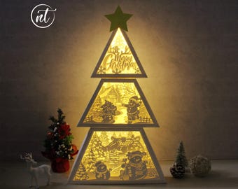 Merry Christmas with Snowman 3D Christmas Tree Shadow Box, Paper Cut Template SVG Files
