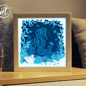 Seahorse in Ocean Beautiful Light Box Template, Paper Cut Shadow Box Template