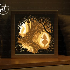 Modello Lightbox Alice, Shadow Box, Shadow Box in carta tagliata, scheda Shadowbox Cricut, file Silhouette, file digitale, FILE SVG