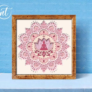 Modello di scatola luminosa con Buddha seduto sul modello di scatola luminosa di loto, scatola di ombre con taglio di carta Mandala, modello di taglio di carta FILE SVG