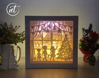 Christmas Tree Light Box Template: Children's Paper Cut Shadow Box (SVG, PDF, PNG)