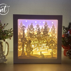 Plantilla de caja de luz con forma de niña que envía una carta a Papá Noel, plantilla de caja de sombras con papel cortado, archivo SVG