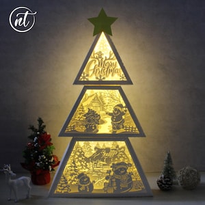Buon Natale con pupazzo di neve 3D Albero di Natale Shadow Box, modello di Shadow Box ritagliato in carta FILE SVG