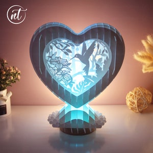 Hummingbird With Flower Pop-up Heart - Paper Cutting Template - Hummingbird SVG files - Pop up Card 3D