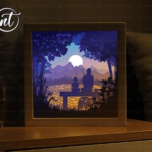 Father & Son Fishing Shadow Box Template: Papercut Light Box SVG (Digital Download)