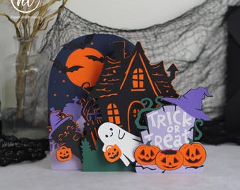 Halloween Trick or Treat Pop-up 3D Card Paper Cut Template, Halloween DIY Digital Download