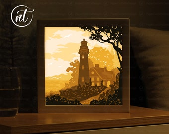Lighthouse Lightbox Template: Paper Cut Shadow Box (SVG, PDF, PNG)