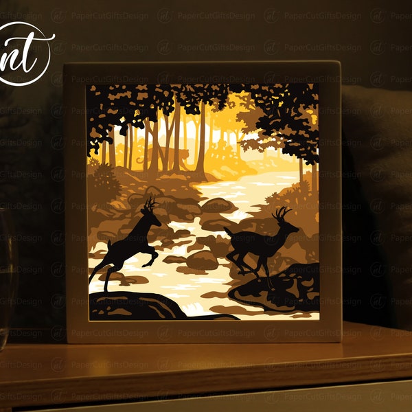 Deer In The Forest Light Box Template, Paper Cut Shadow Box Template, SVG FILE