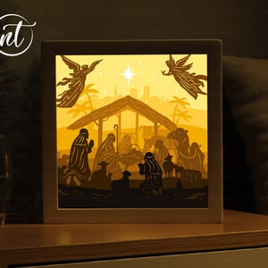 Natività di Gesù Shadow Box Svg, modello di scatola luminosa di Natale, modello di scatola di ombre tagliata su carta FILE SVG