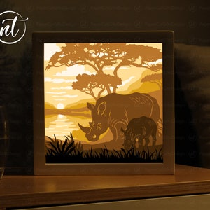 Mother And Baby Rhinos  Light Box Template, Paper Cut Shadow Box Template