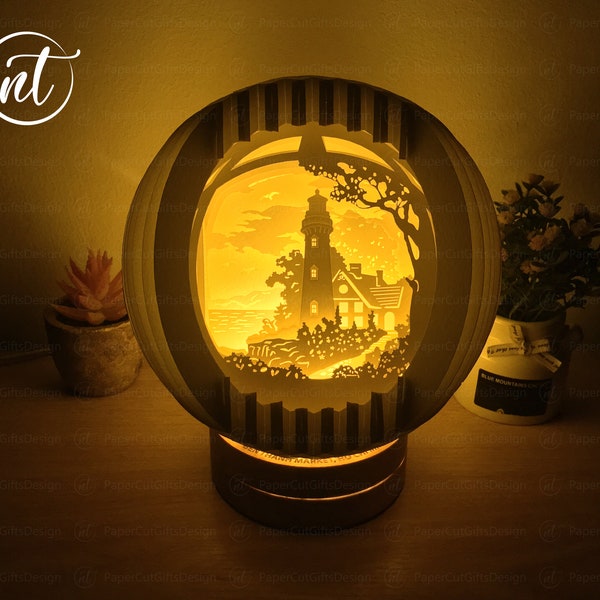 Fichiers SVG 3D Pop-up Lighthouse Sphere, Paper Crafts DIY, Fairy Lights Template, Lampe de chevet