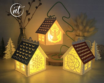 Combo 3 Mini House Merry Christmas Templates, Xmas Paper Cut SVG Files