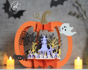 Witch Pumpkin Halloween Papercut Template, Halloween Paper Lanterns, Halloween SVG Files