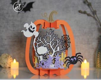 Skull in Pumpkin Halloween Papercut Template: SVG, PDF, PNG Files