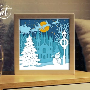 Frohe Weihnachten mit Weihnachtsmann und Schneemann Light Box Vorlage, Papier geschnitten Schatten Box Vorlage SVG DATEI