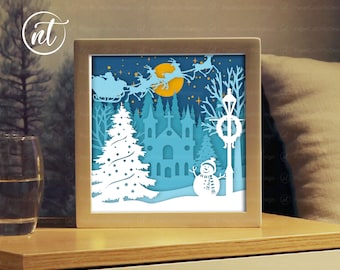 Christmas Santa Snowman Light Box Template: Paper Cut Shadow Box (SVG, PDF, PNG)