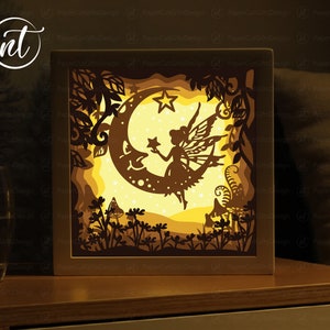 Fairy Moon Shadow Box, Lightbox SVG Paper Cut Shadow Box, Tarjeta Shadowbox Cricut, Archivos de silueta, Archivo digital, ARCHIVO SVG